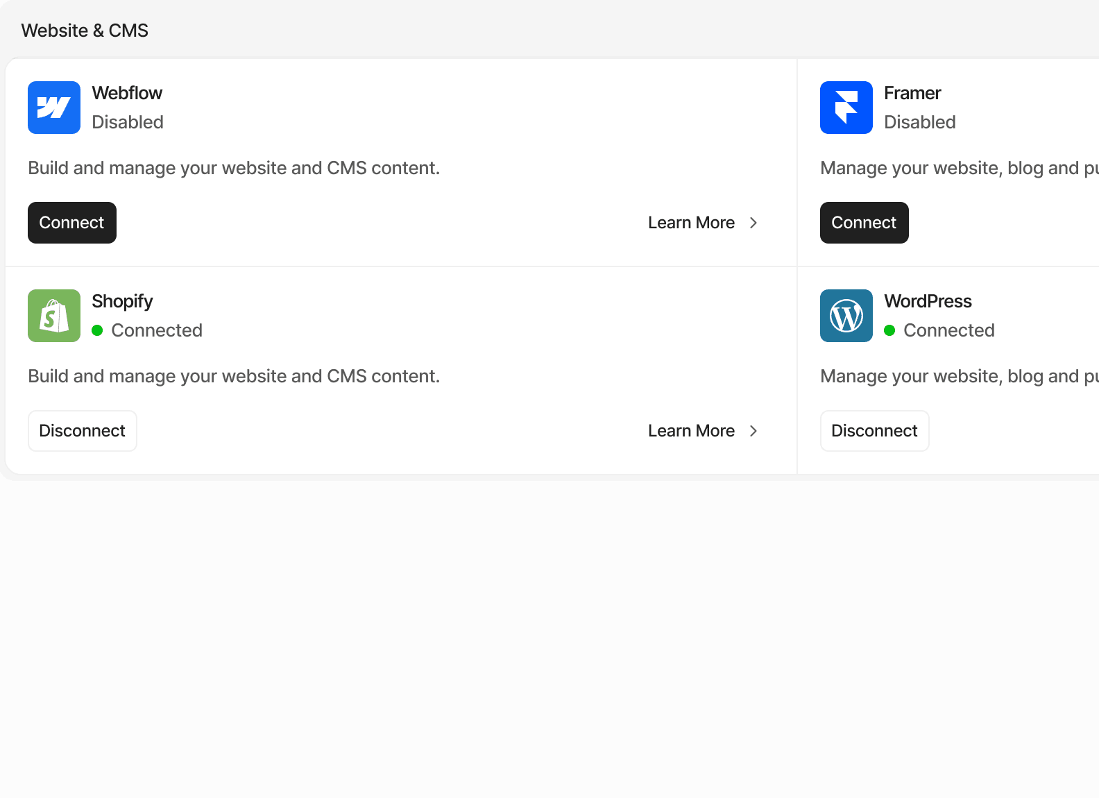 Pushrank integrations screen: Shopify and WordPress connected, Webflow and Framer available.